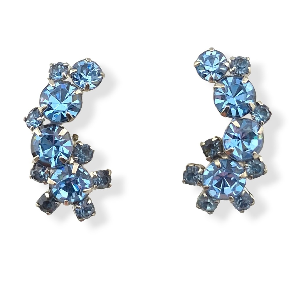 Vintage Blue Rhinestone Cluster Clip On Earrings 1.3" Silver Tone Mid-Century